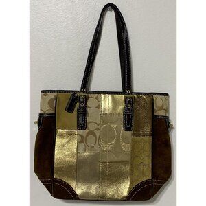 Coach Signature Brown Gold Leather Suede Patchwork Shoulder Tote Bag